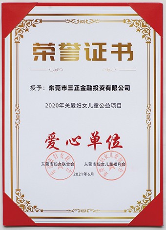 6月3日上午，東莞市婦聯(lián)聯(lián)合市委組織部、市直工委、市婦女兒童福利會共同啟動了2021年東莞市婦女兒童“黨群公益匯”活動。啟動議式上，三正金融投資公司被授予“愛心單位”榮譽證書。